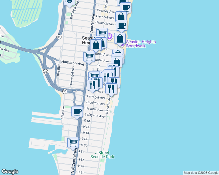 map of restaurants, bars, coffee shops, grocery stores, and more near 33 Dupont Avenue in Seaside Heights