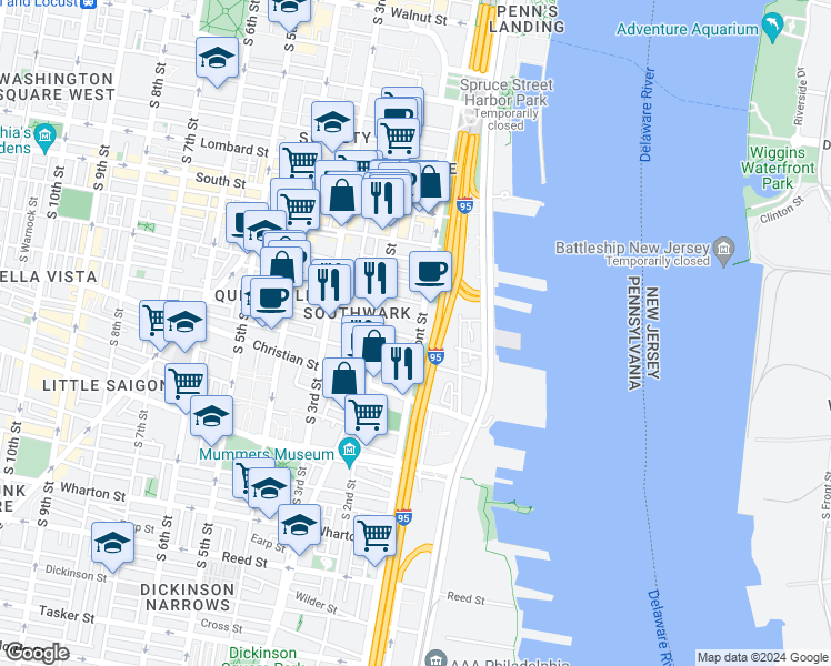 map of restaurants, bars, coffee shops, grocery stores, and more near 115 Catharine Street in Philadelphia