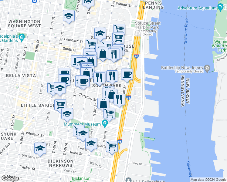 map of restaurants, bars, coffee shops, grocery stores, and more near 212 Catharine Street in Philadelphia