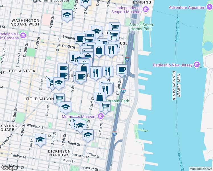 map of restaurants, bars, coffee shops, grocery stores, and more near 212 Catharine Street in Philadelphia