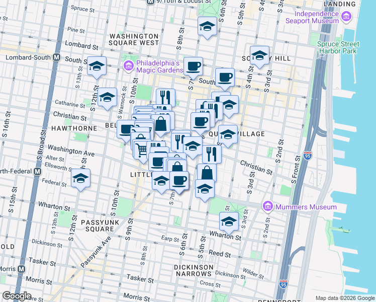 map of restaurants, bars, coffee shops, grocery stores, and more near in Philadelphia