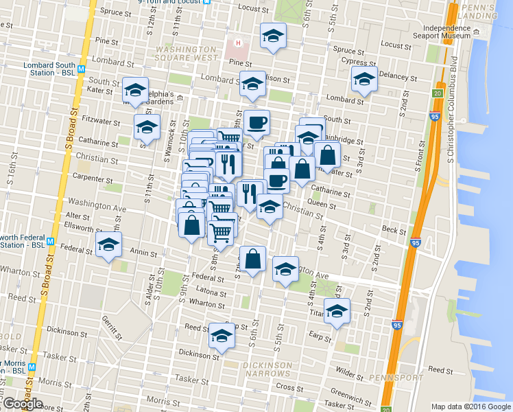 map of restaurants, bars, coffee shops, grocery stores, and more near in Philadelphia