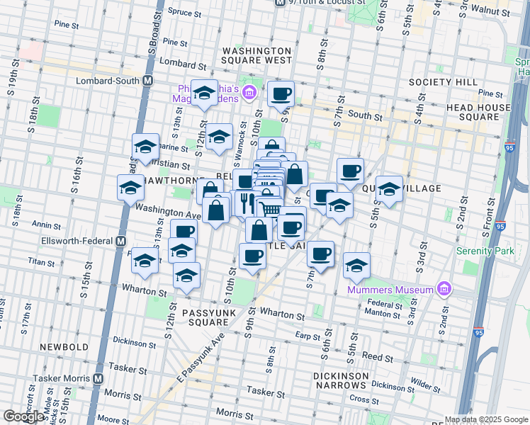 map of restaurants, bars, coffee shops, grocery stores, and more near 938 South 9th Street in Philadelphia