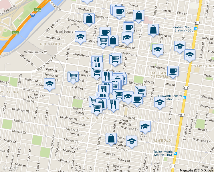 map of restaurants, bars, coffee shops, grocery stores, and more near 1201 South 21st Street in Philadelphia