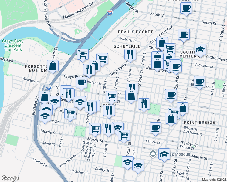 map of restaurants, bars, coffee shops, grocery stores, and more near in Philadelphia