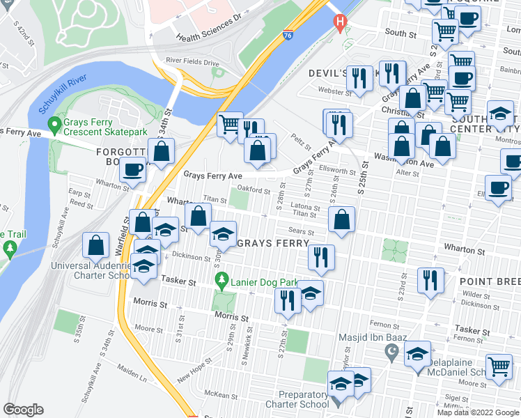 map of restaurants, bars, coffee shops, grocery stores, and more near 1267 South 29th Street in Philadelphia