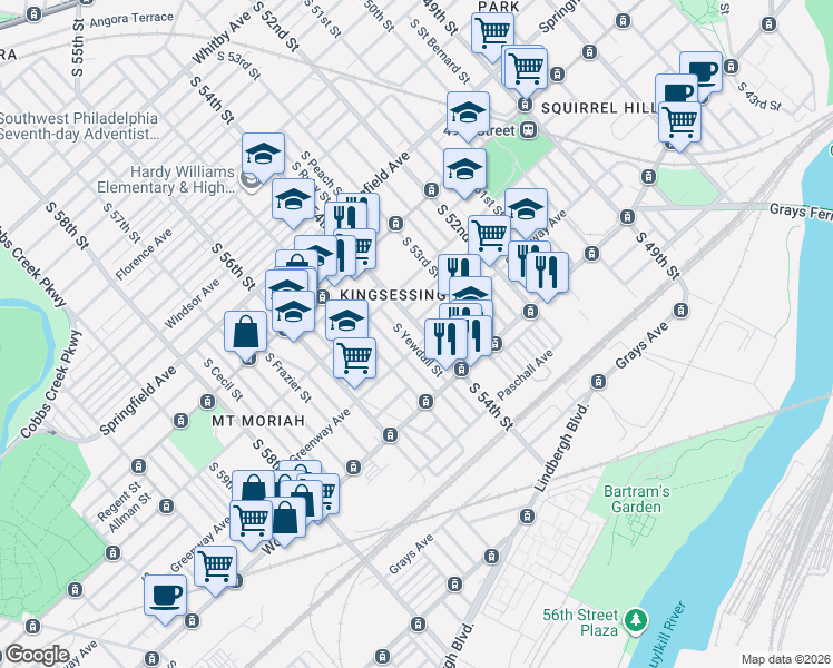 map of restaurants, bars, coffee shops, grocery stores, and more near 1666A South 54th Street in Philadelphia