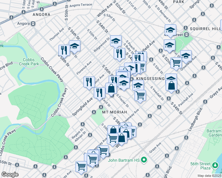 map of restaurants, bars, coffee shops, grocery stores, and more near 1811 South 57th Street in Philadelphia