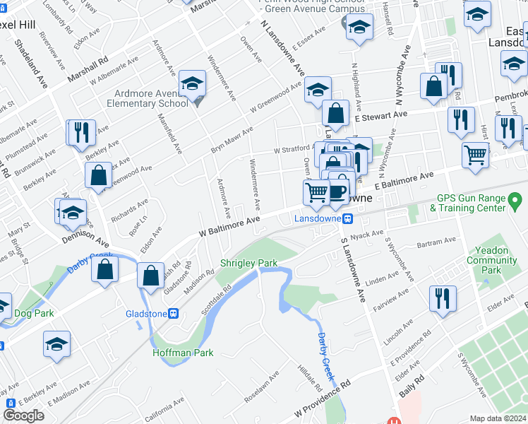 map of restaurants, bars, coffee shops, grocery stores, and more near 83 West Baltimore Avenue in Lansdowne