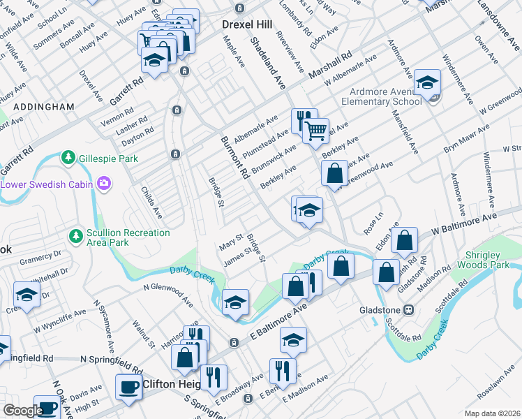 map of restaurants, bars, coffee shops, grocery stores, and more near 156 Burmont Road in Drexel Hill