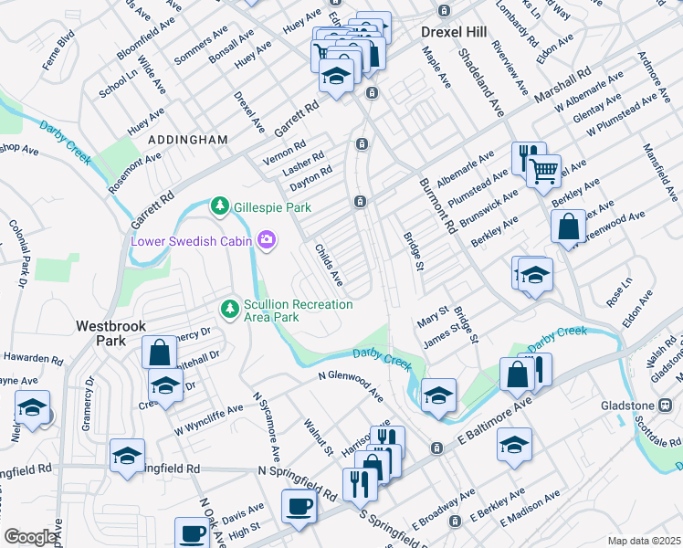 map of restaurants, bars, coffee shops, grocery stores, and more near 253 Childs Avenue in Upper Darby