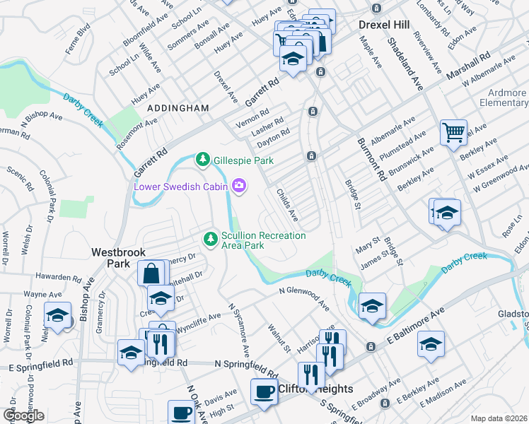 map of restaurants, bars, coffee shops, grocery stores, and more near 248 Blythe Avenue in Drexel Hill