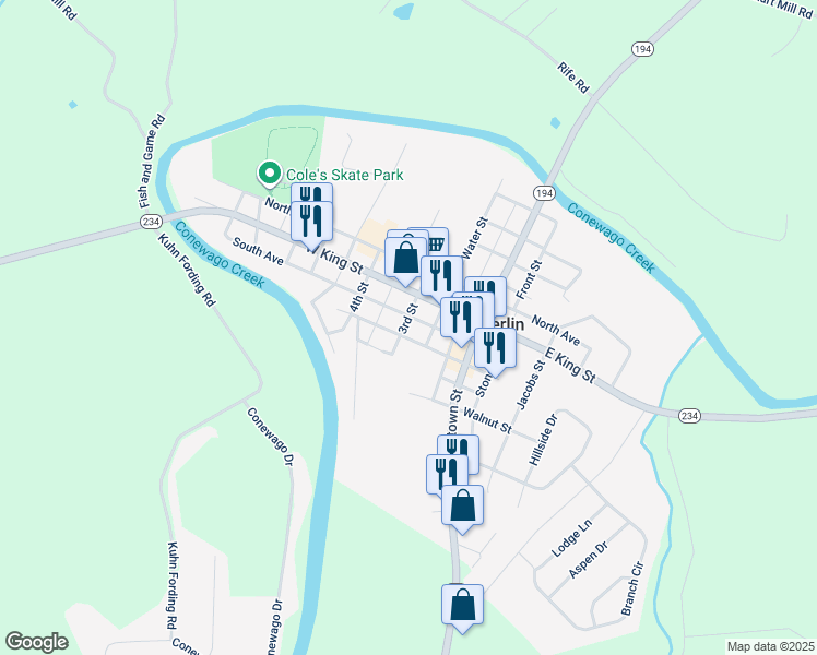 map of restaurants, bars, coffee shops, grocery stores, and more near 211 East Locust Street in East Berlin