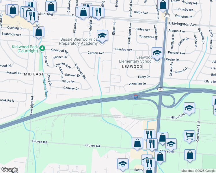 map of restaurants, bars, coffee shops, grocery stores, and more near 4012 Elaine Place North in Columbus