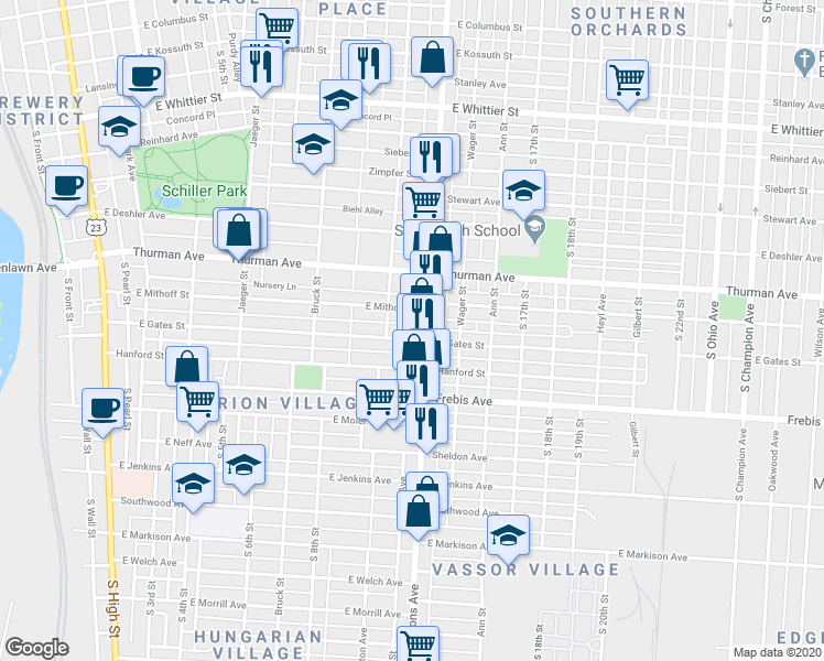 map of restaurants, bars, coffee shops, grocery stores, and more near 414 East Gates Street in Columbus