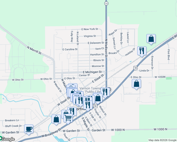 map of restaurants, bars, coffee shops, grocery stores, and more near 401 East Michigan Street in Fortville