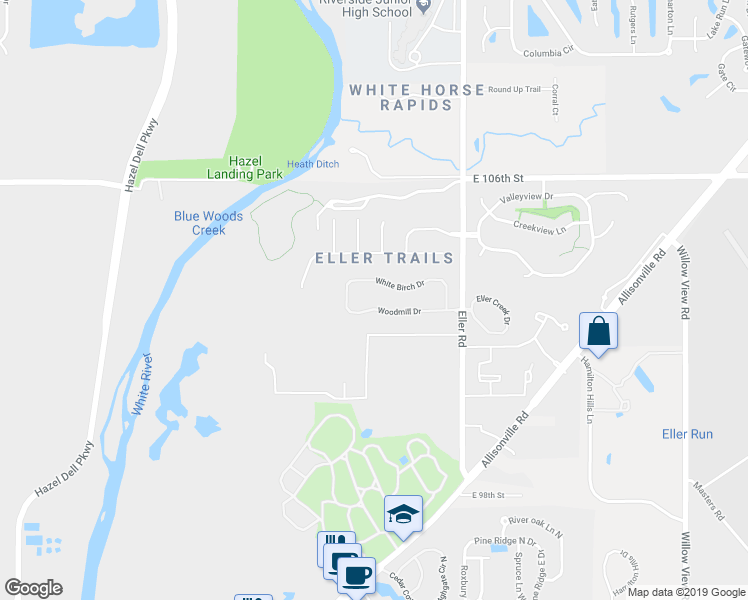 map of restaurants, bars, coffee shops, grocery stores, and more near 6010 Woodmill Drive in Fishers