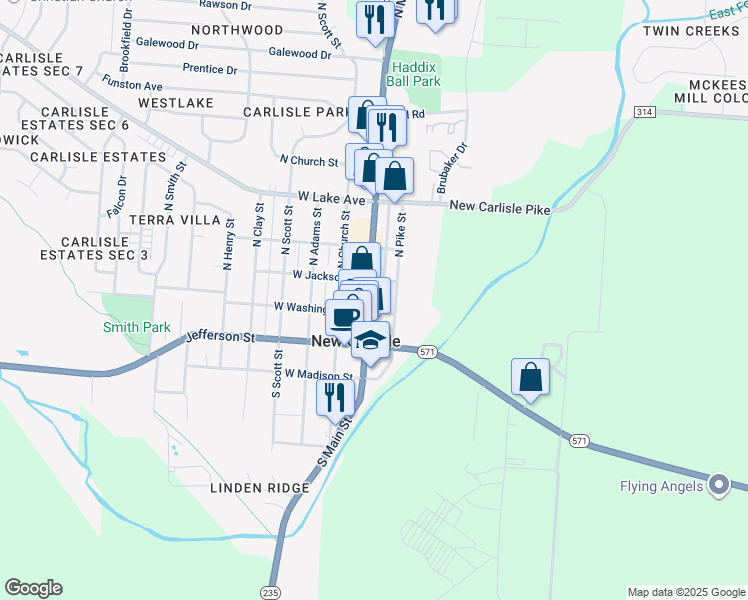 map of restaurants, bars, coffee shops, grocery stores, and more near 106 North Main Street in New Carlisle