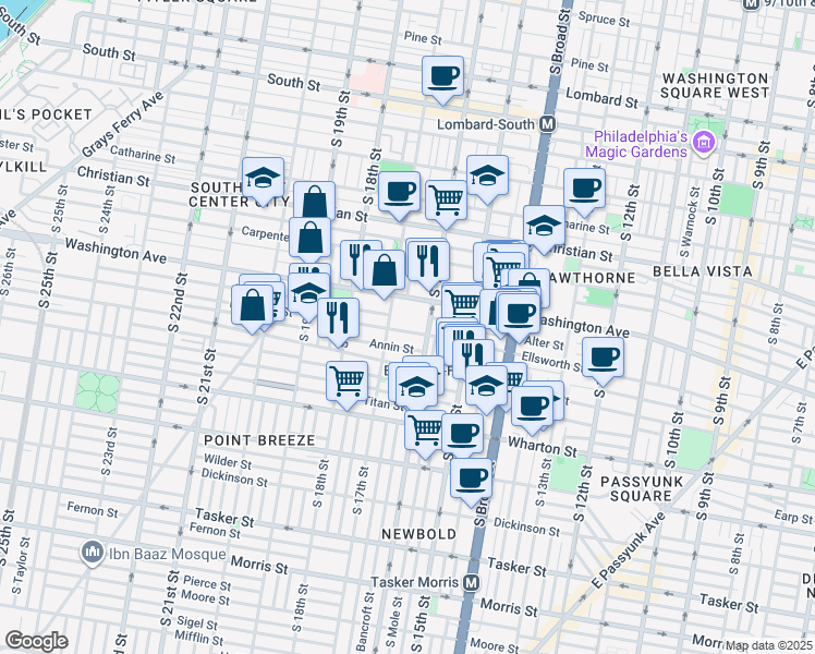 map of restaurants, bars, coffee shops, grocery stores, and more near 1625 Ellsworth Street in Philadelphia