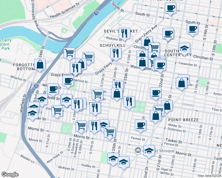 map of restaurants, bars, coffee shops, grocery stores, and more near 2609 Latona Street in Philadelphia