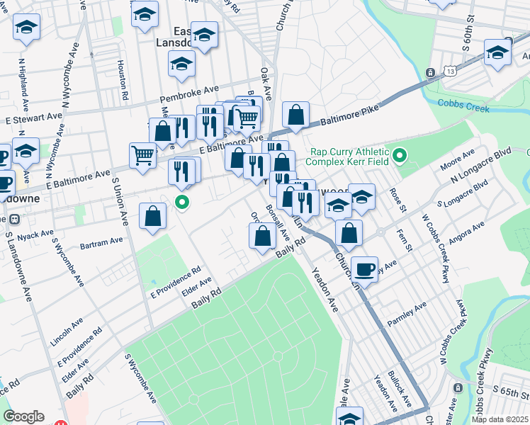 map of restaurants, bars, coffee shops, grocery stores, and more near 643 Myra Avenue in Yeadon