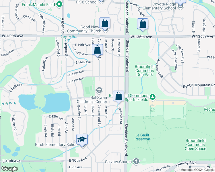 map of restaurants, bars, coffee shops, grocery stores, and more near 1346 Dexter Street in Broomfield