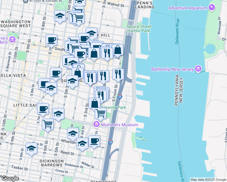 map of restaurants, bars, coffee shops, grocery stores, and more near 794 South Front Street in Philadelphia