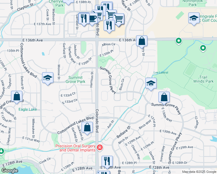 map of restaurants, bars, coffee shops, grocery stores, and more near 13301 Albion Circle in Thornton