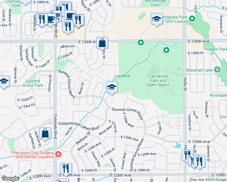 map of restaurants, bars, coffee shops, grocery stores, and more near 4601 Summit Grove Parkway in Thornton