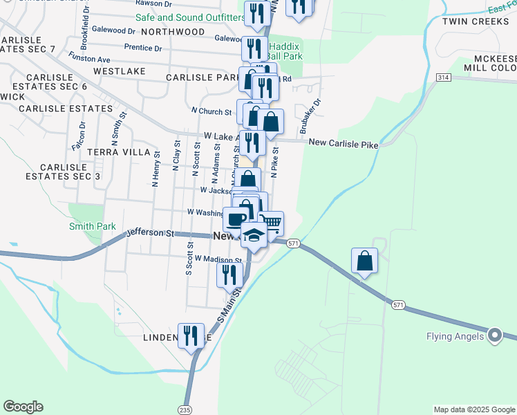 map of restaurants, bars, coffee shops, grocery stores, and more near 106 North Main Street in New Carlisle