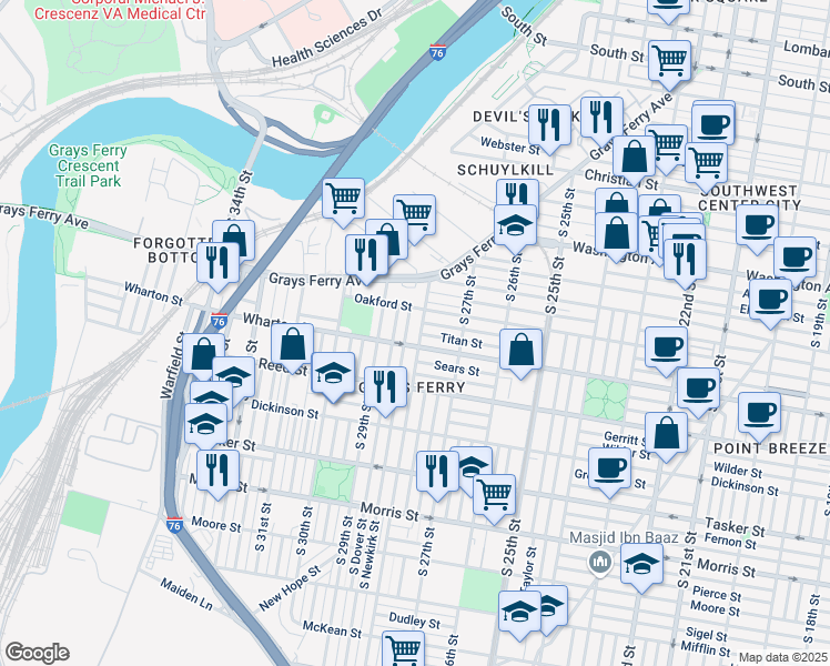 map of restaurants, bars, coffee shops, grocery stores, and more near 1266 South 28th Street in Philadelphia