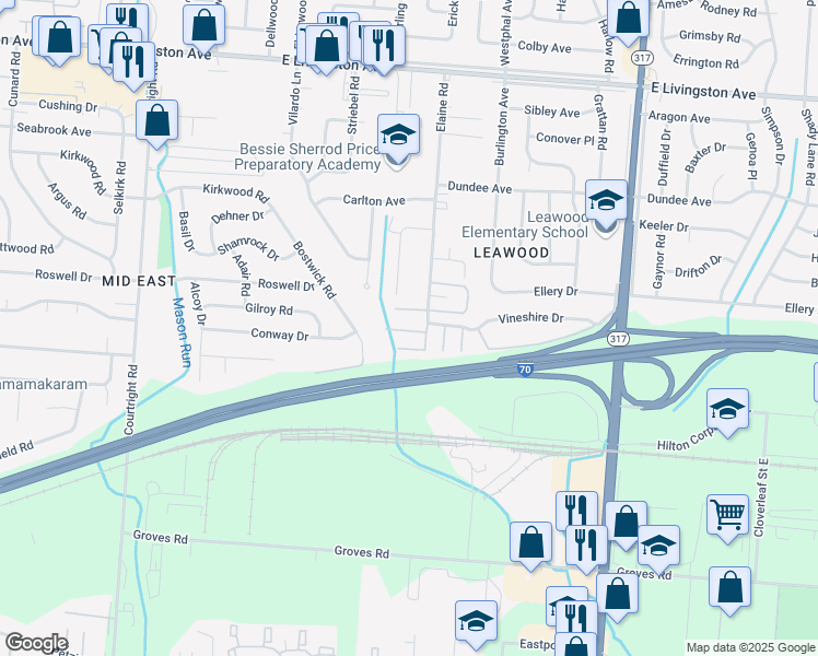 map of restaurants, bars, coffee shops, grocery stores, and more near 4012 Elaine Place North in Columbus