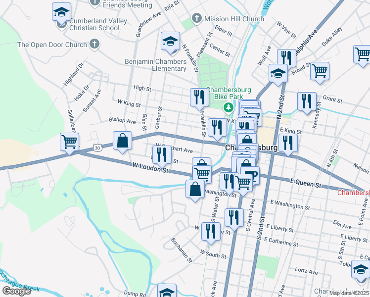 map of restaurants, bars, coffee shops, grocery stores, and more near 265 West Burkhart Avenue in Chambersburg