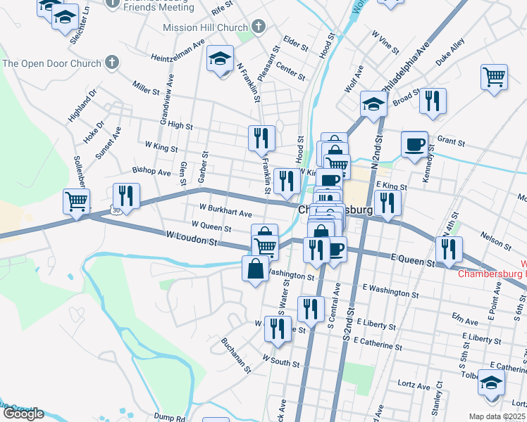 map of restaurants, bars, coffee shops, grocery stores, and more near 27 South Franklin Street in Chambersburg