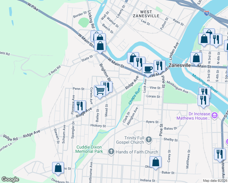map of restaurants, bars, coffee shops, grocery stores, and more near 175 Brighton Boulevard in Zanesville