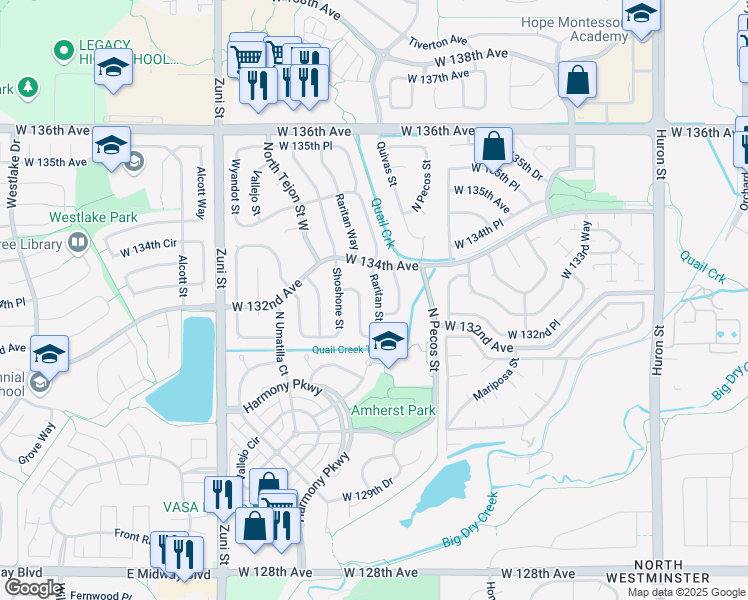 map of restaurants, bars, coffee shops, grocery stores, and more near 13193 Raritan Street in Westminster
