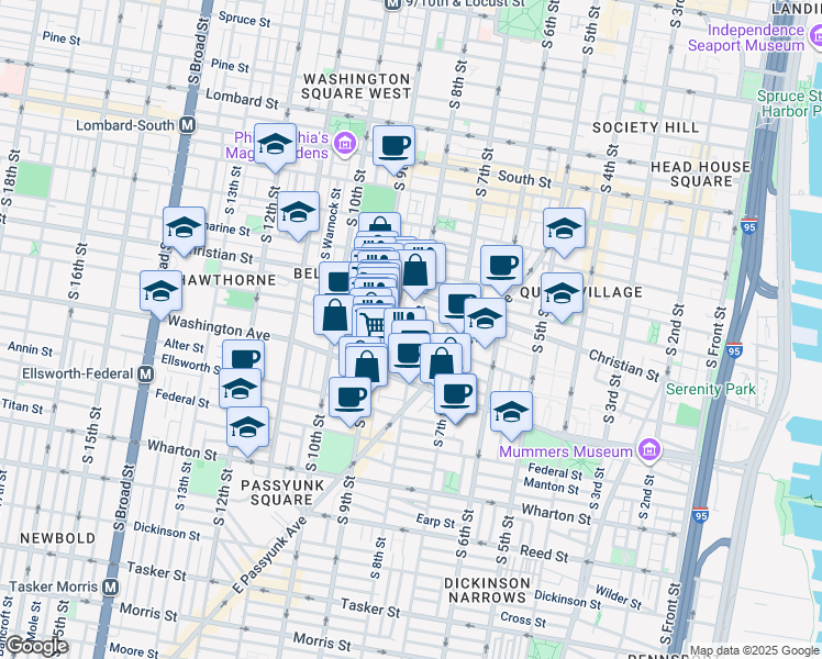 map of restaurants, bars, coffee shops, grocery stores, and more near 936 South 8th Street in Philadelphia