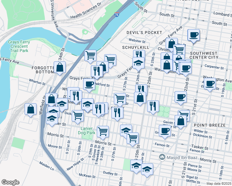 map of restaurants, bars, coffee shops, grocery stores, and more near 2737 Titan Street in Philadelphia