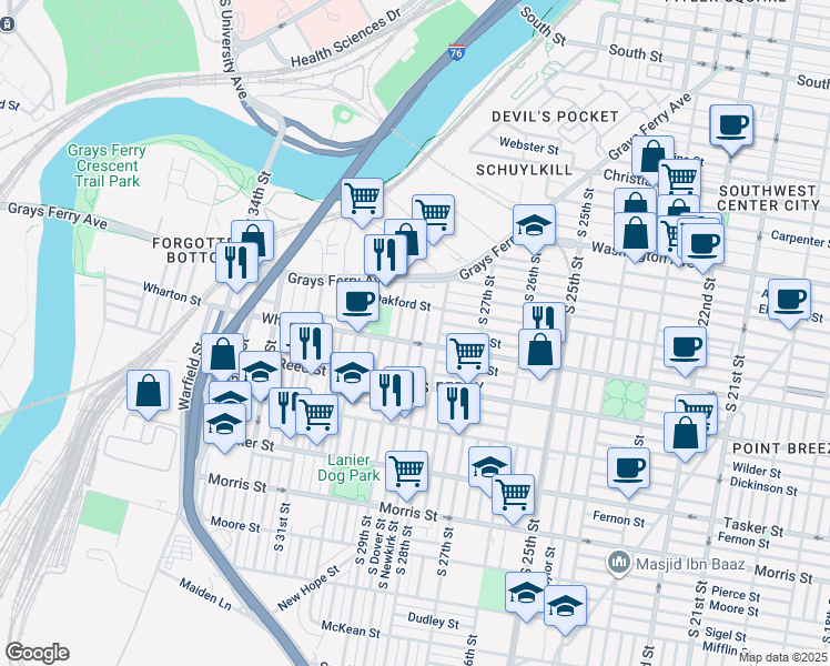 map of restaurants, bars, coffee shops, grocery stores, and more near 1271 South Dover Street in Philadelphia