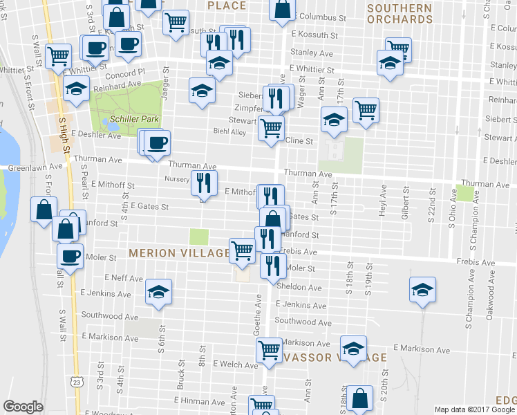 map of restaurants, bars, coffee shops, grocery stores, and more near 414 East Gates Street in Columbus