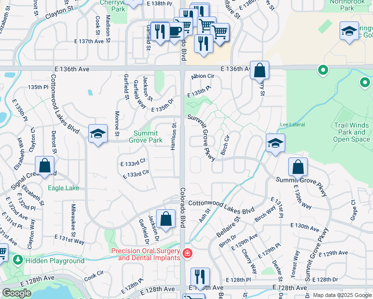 map of restaurants, bars, coffee shops, grocery stores, and more near 13345 Albion Circle in Thornton
