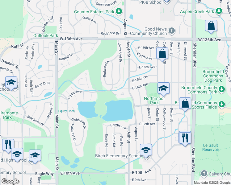 map of restaurants, bars, coffee shops, grocery stores, and more near 905 14th Way in Broomfield
