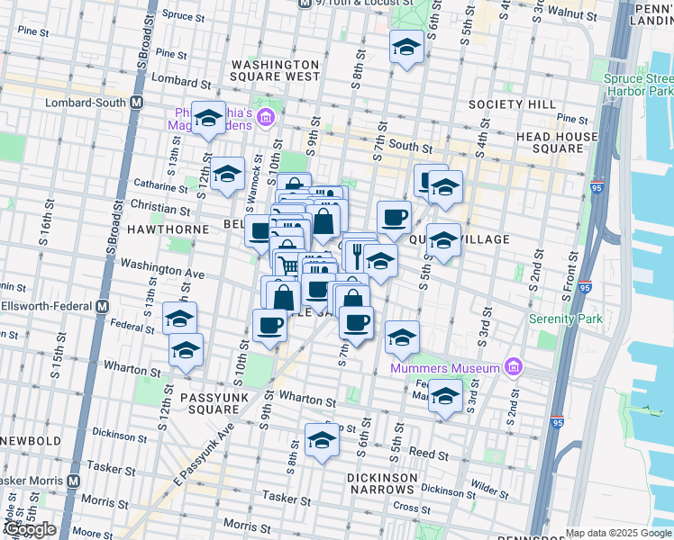 map of restaurants, bars, coffee shops, grocery stores, and more near 730 Montrose Street in Philadelphia