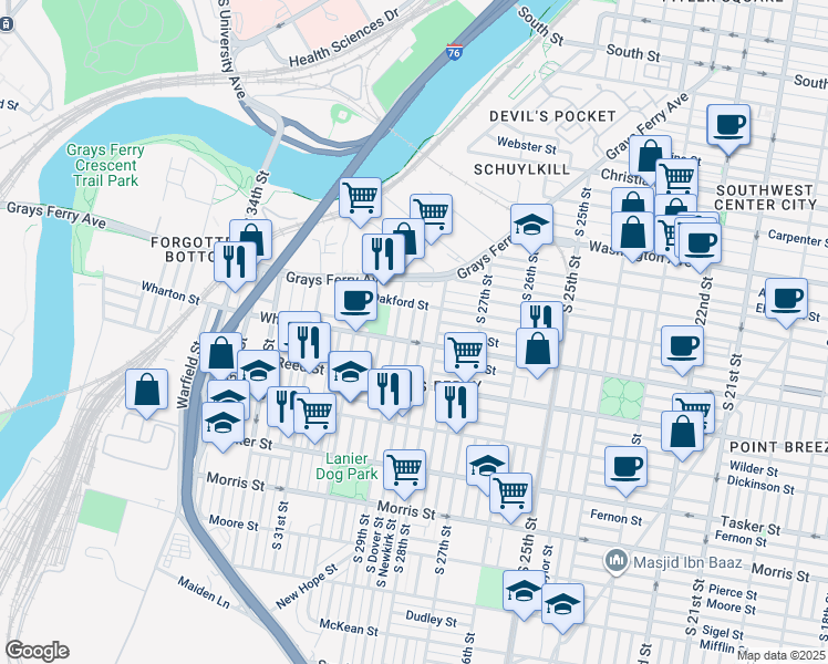 map of restaurants, bars, coffee shops, grocery stores, and more near 1271 South Dover Street in Philadelphia