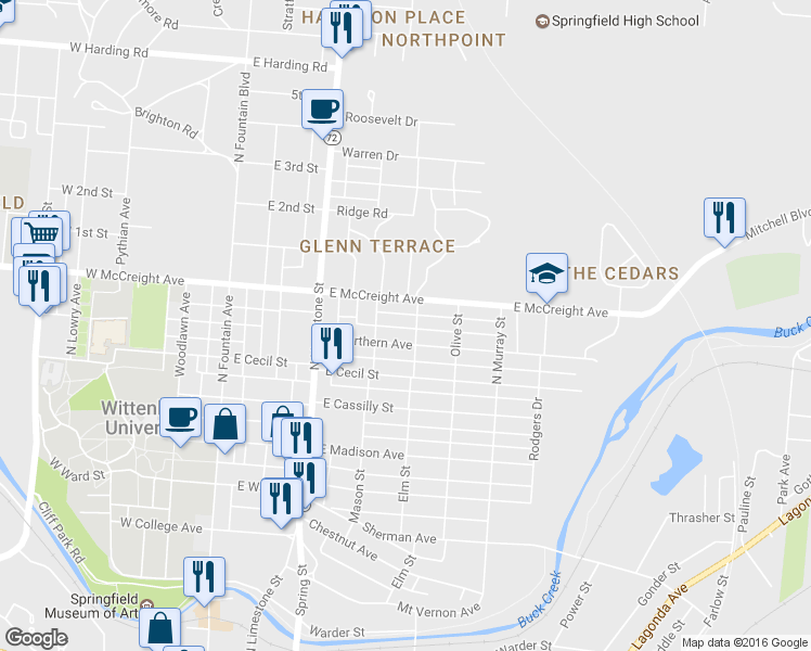 map of restaurants, bars, coffee shops, grocery stores, and more near 1121 Elm St in Springfield