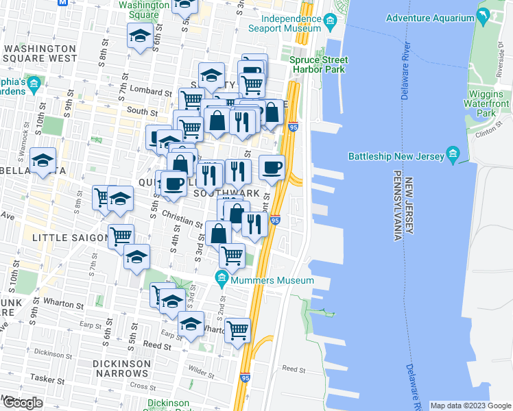 map of restaurants, bars, coffee shops, grocery stores, and more near 113 Catharine Street in Philadelphia