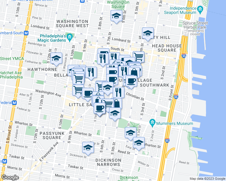 map of restaurants, bars, coffee shops, grocery stores, and more near 540 Christian Street in Philadelphia