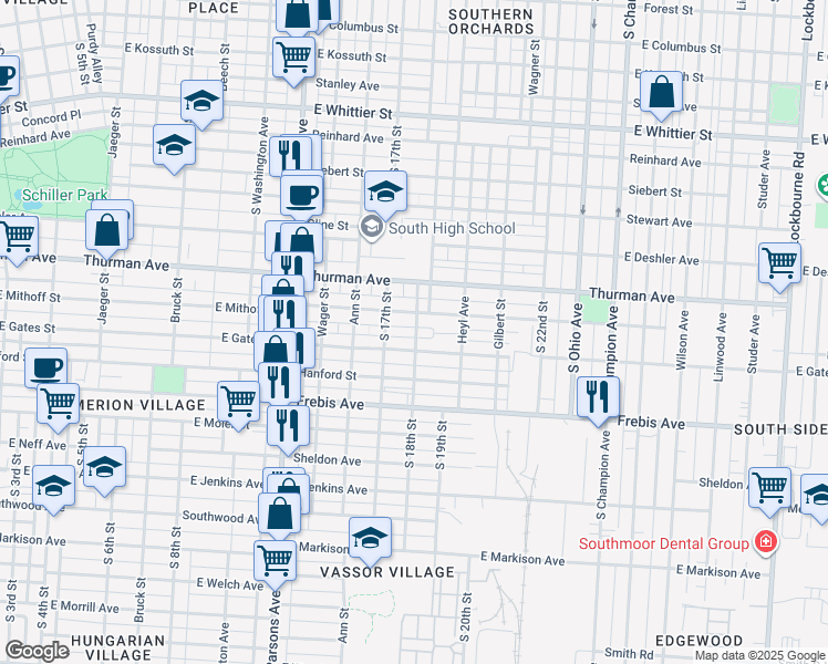 map of restaurants, bars, coffee shops, grocery stores, and more near 1297 South 18th Street in Columbus