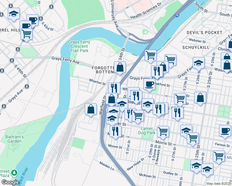 map of restaurants, bars, coffee shops, grocery stores, and more near 1322 South 33rd Street in Philadelphia