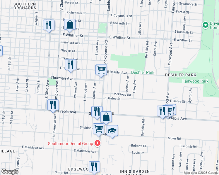 map of restaurants, bars, coffee shops, grocery stores, and more near 1383 Miller Avenue in Columbus